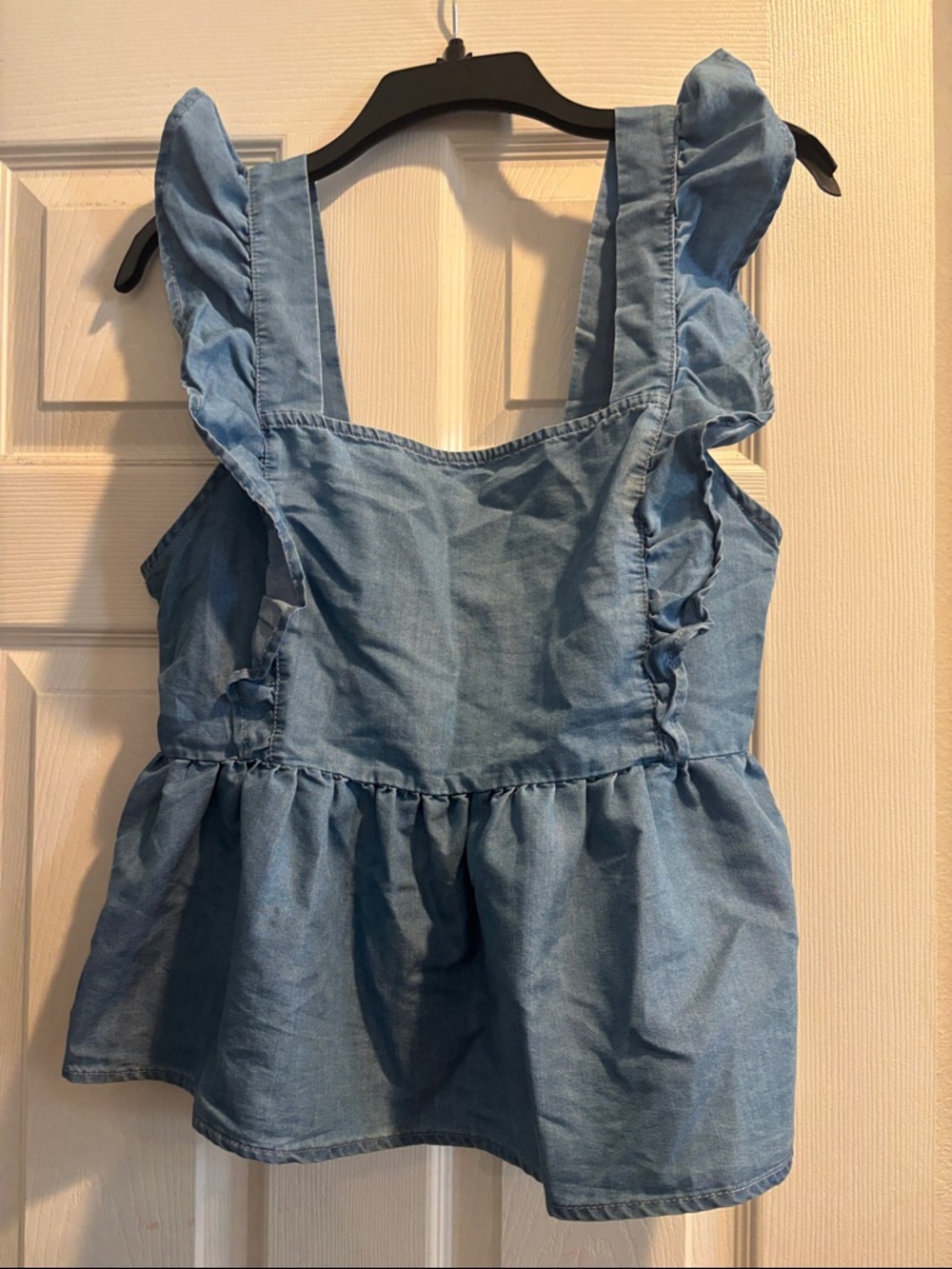 Light Wash Denim Ruffle Tank Top - Blue